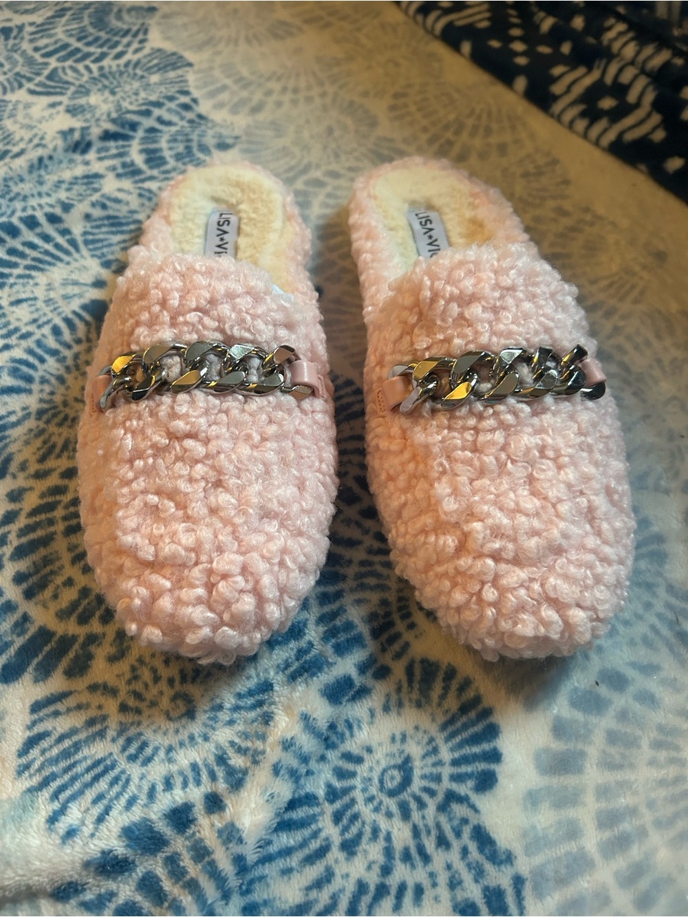 Savvy Blush Pink Faux Shearling Chain-Trim Slip-On Mules